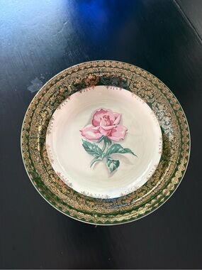 Vintage Taylor Smith Pink Rose Salad Bowl with Green and Gold Border